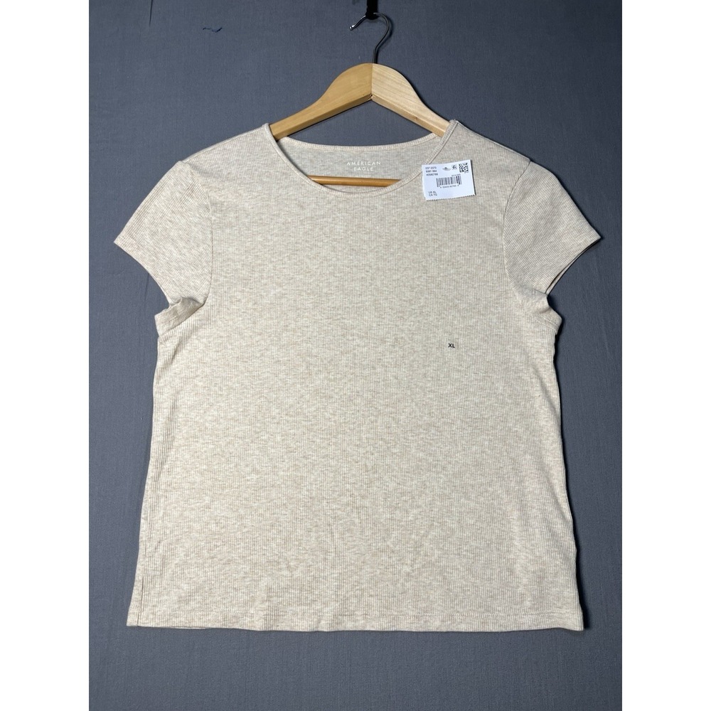 American Eagle Shirt Womens XL Cream Ribbed Short Sleeve Stretch Fitted Top